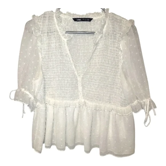 Zara White Smocked Peplum Blouse Small Boho Ruffle Sheer Top Feminine Romantic - Picture 2 of 8